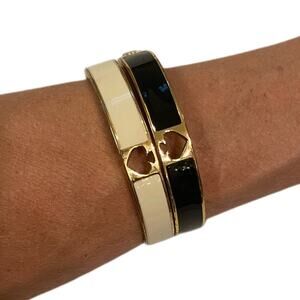 Kate Spade Bracelet Set of 2 Gold-Tone Hinged Bangles Black & White Enamel - EUC